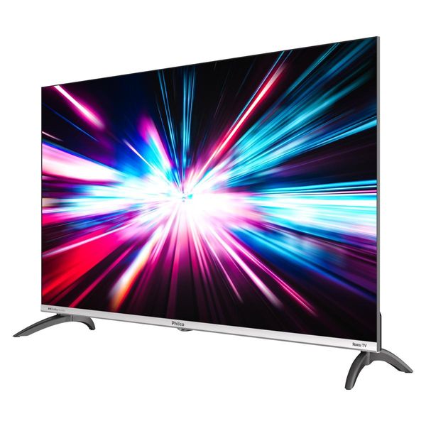 Smart TV Philco com sistema Roku TV exibindo imagem colorida com efeito de luz em movimento na tela