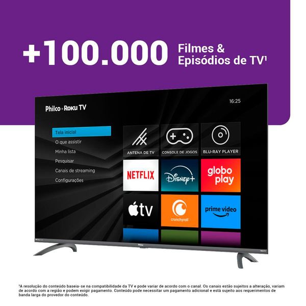 Smart TV Philco Roku TV exibindo interface com aplicativos de streaming como Netflix, Disney Plus, Prime Video e Globoplay