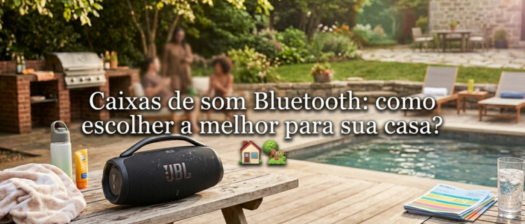 Caixa de som Bluetooth portátil sendo usada em varanda próxima à piscina, resistente à água (IP67)