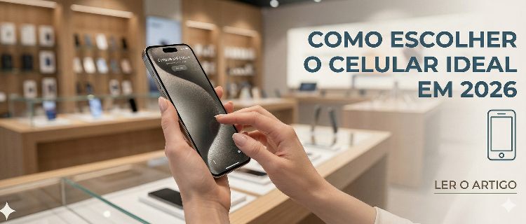 Mão segurando smartphone dentro de loja de eletrônicos