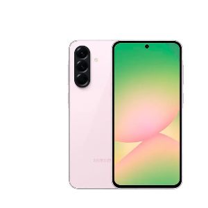 Smartphone Samsung em cor rosa claro virado para trás e outro virado para frente com fundo orgânico nos tons verde, amarelo e rosa.