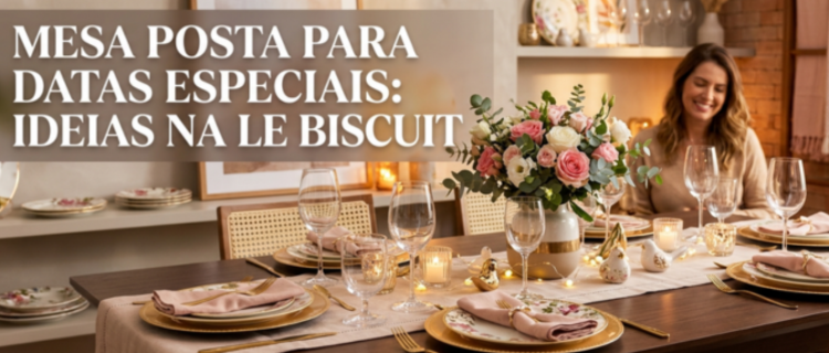 Mesa posta decorada para datas especiais com louças, taças de cristal, arranjo de flores e talheres dourados da Le biscuit, criando um ambiente aconchegante para jantar
