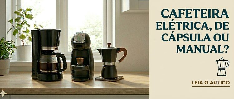 Imagem de uma bancada de cozinha com três cafeteiras em cima: uma elétrica, uma de cápsula e outra italiana.