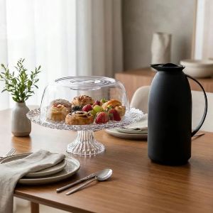 Mesa posta com boleira com pães e frutas e garrafa térmica preta ao lado.
