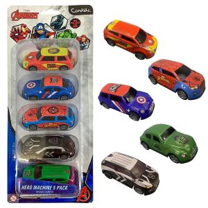 Pacote com cinco carrinhos, cada um com a temática de um dos Vingadores.