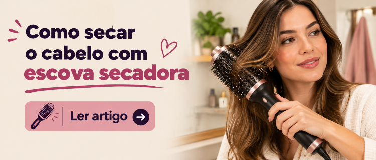 Mulher secando os cabelos com escova secadora ao lado do título do artigo.