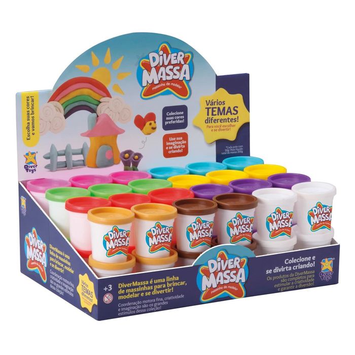 Massa de Modelar Infantil Divertoys. caixa ilustrativa com potes sortidos