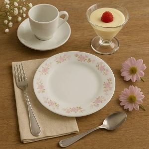 Mesa posta com flores cor de rosa ao lado de prato branco com as bordas com flores também rosas.