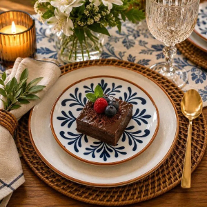 Mesa posta com prato estampado em azul e brownie servido.